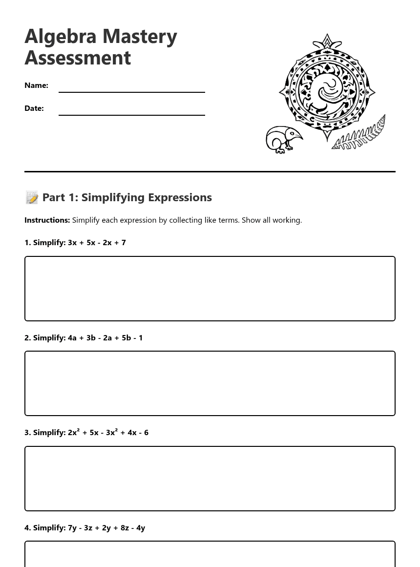 Algebra Mastery Assessment worksheet preview