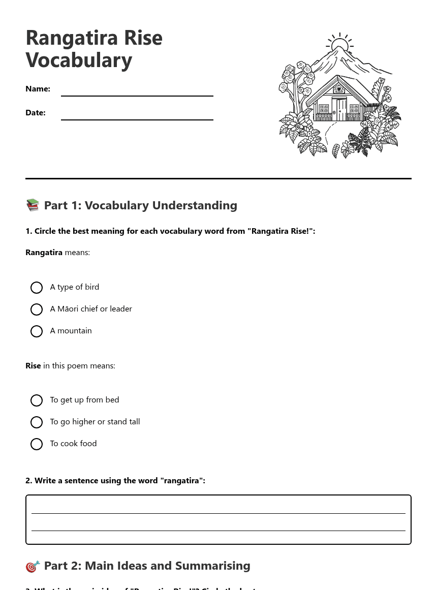 Rangatira Rise Vocabulary worksheet preview