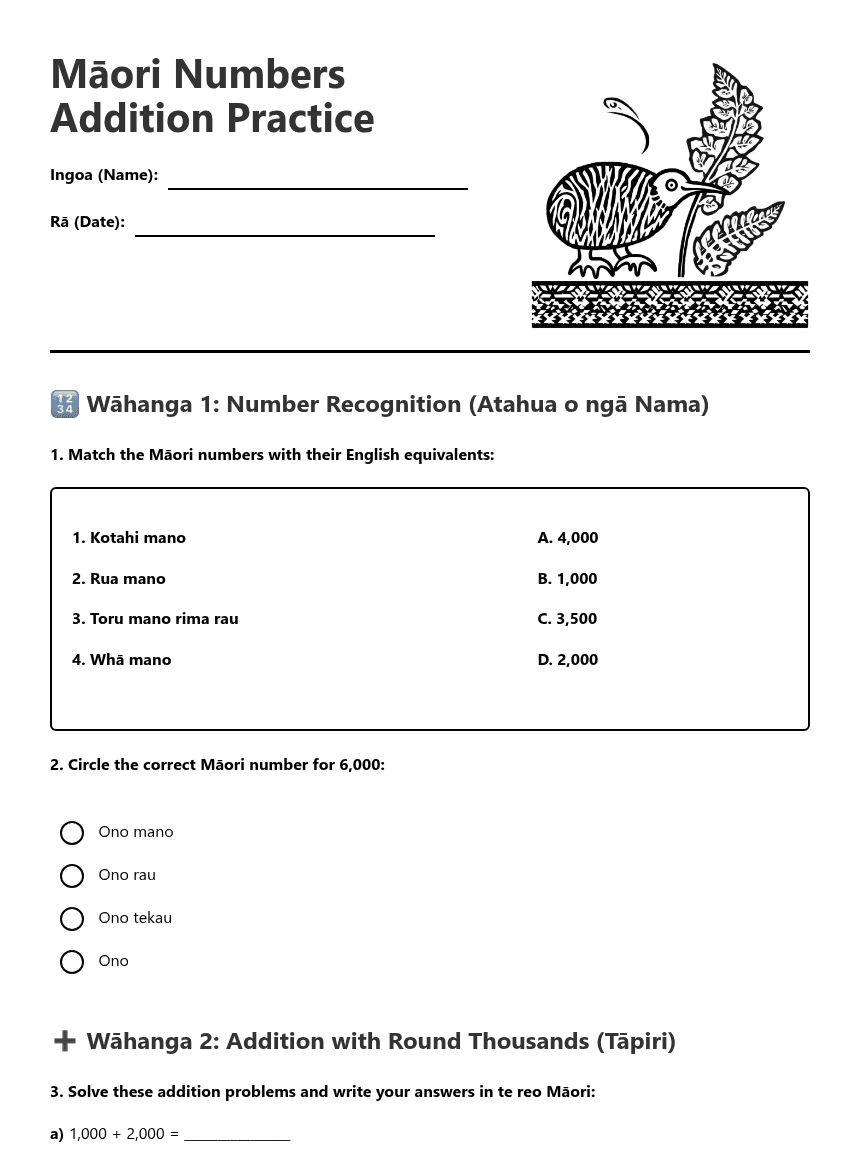 Māori Numbers Addition Practice worksheet preview
