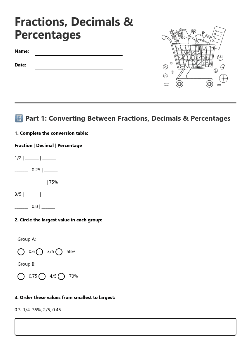 Fractions, Decimals & Percentages worksheet preview