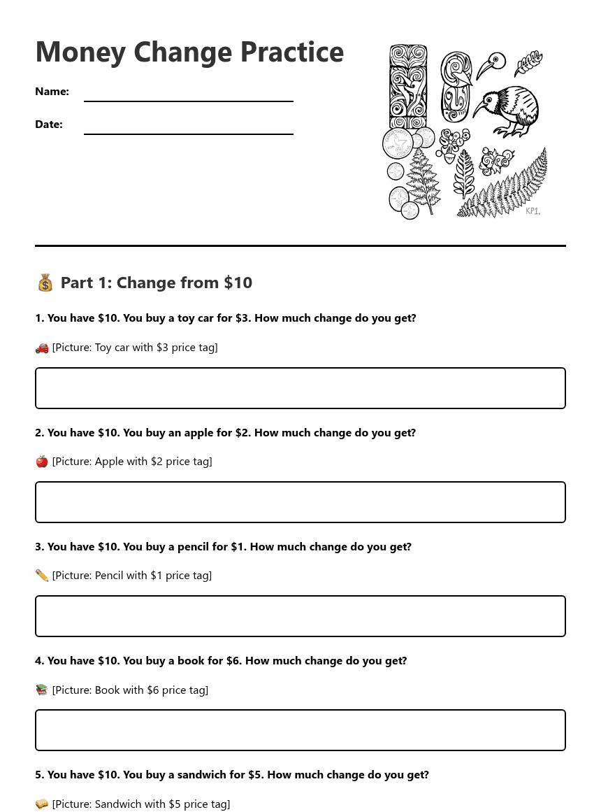 Money Change Practice worksheet preview