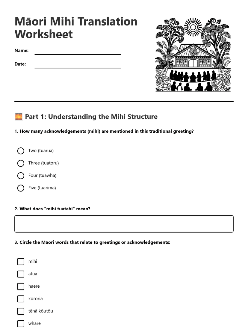 Māori Mihi Translation Worksheet