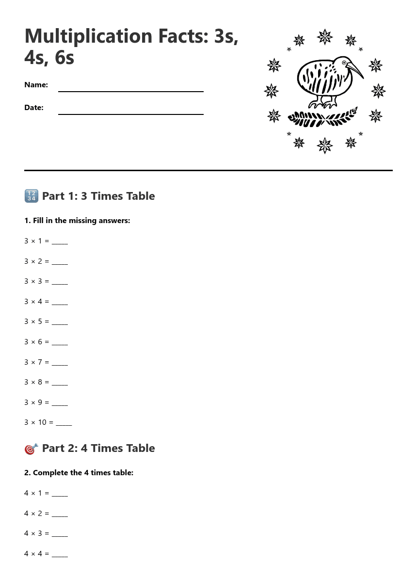 Multiplication Facts: 3s, 4s, 6s worksheet preview