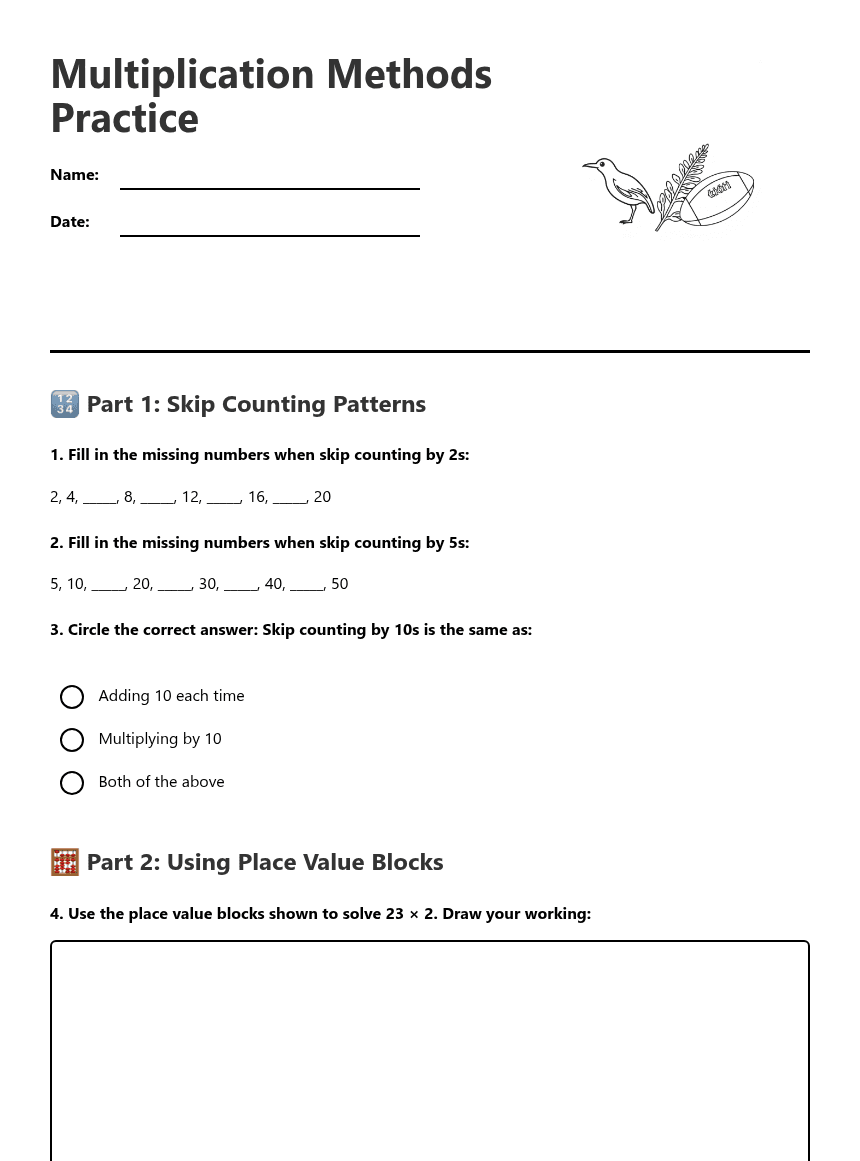 Multiplication Methods Practice worksheet preview