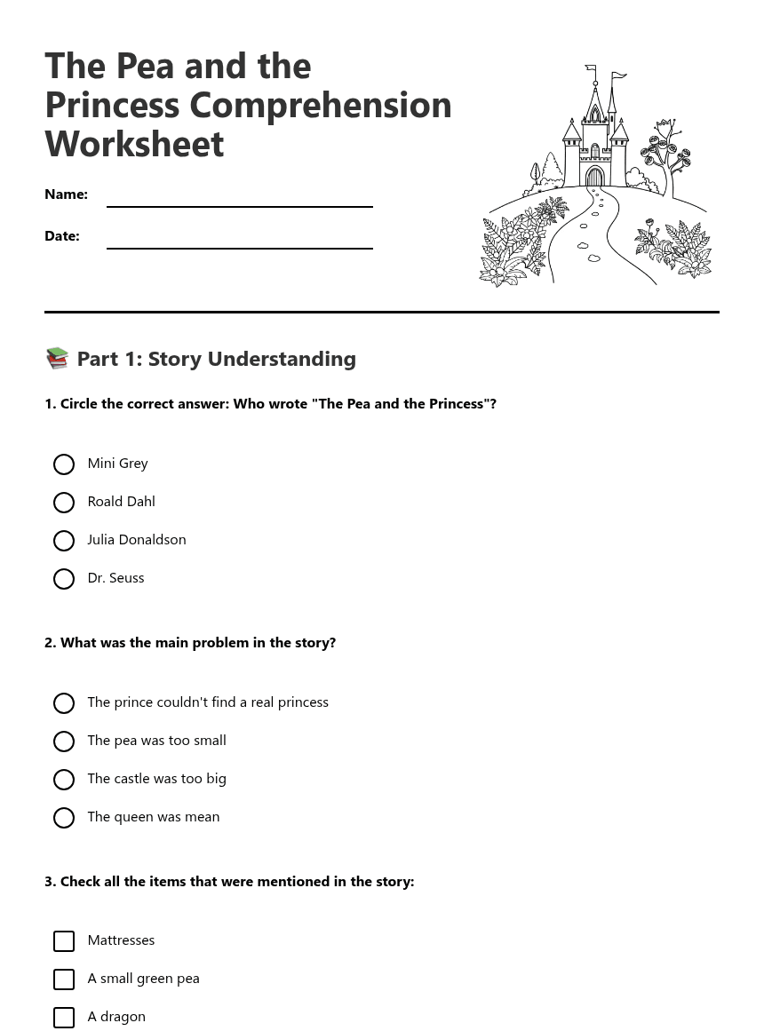 Pea Princess Comprehension Worksheet worksheet preview