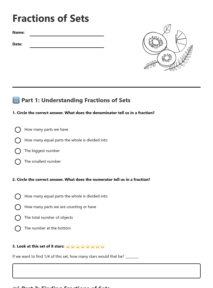 Fractions of Sets worksheet preview