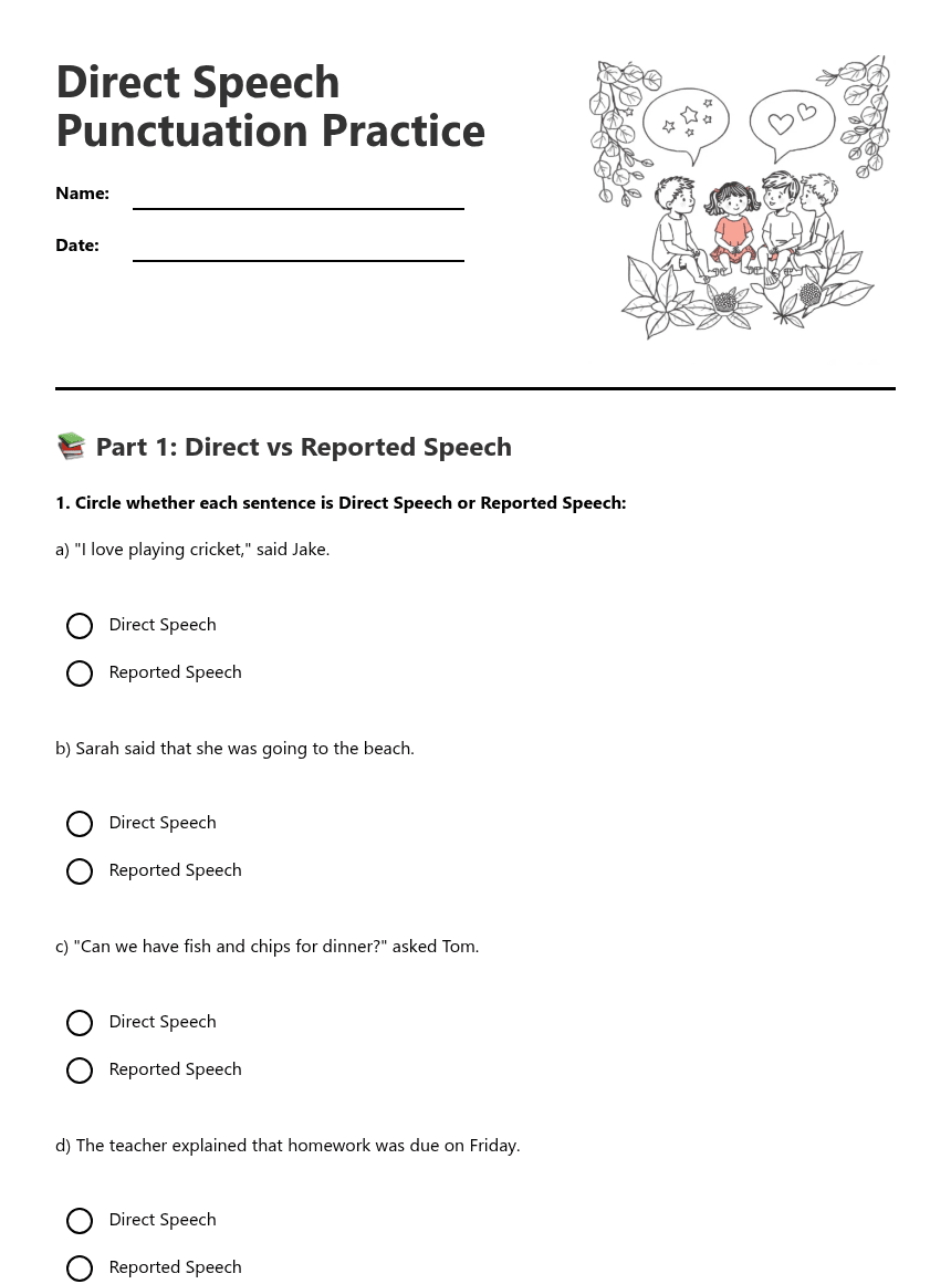 Direct Speech Punctuation Practice worksheet preview