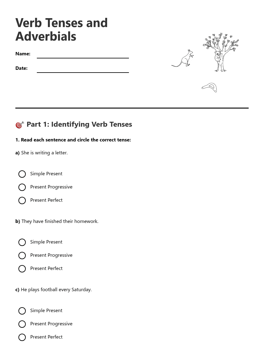 Verb Tenses and Adverbials worksheet preview