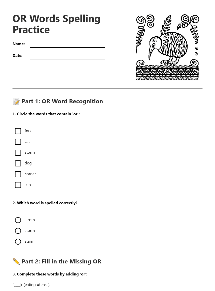OR Words Spelling Practice worksheet preview