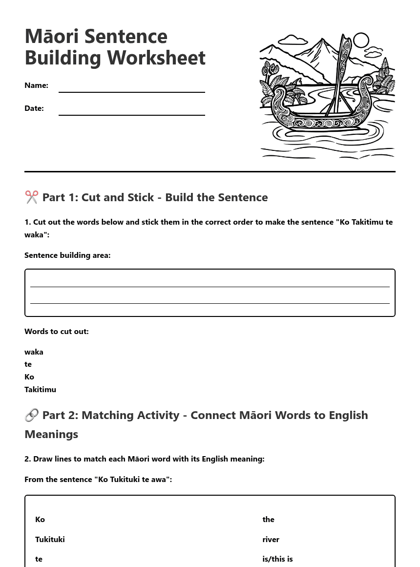 Māori Sentence Building Worksheet worksheet preview