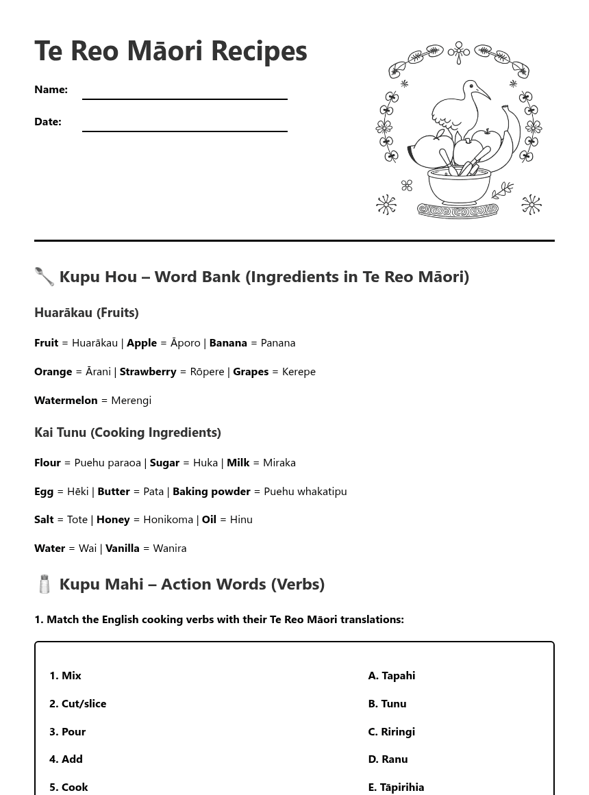 Te Reo Māori Recipes worksheet preview