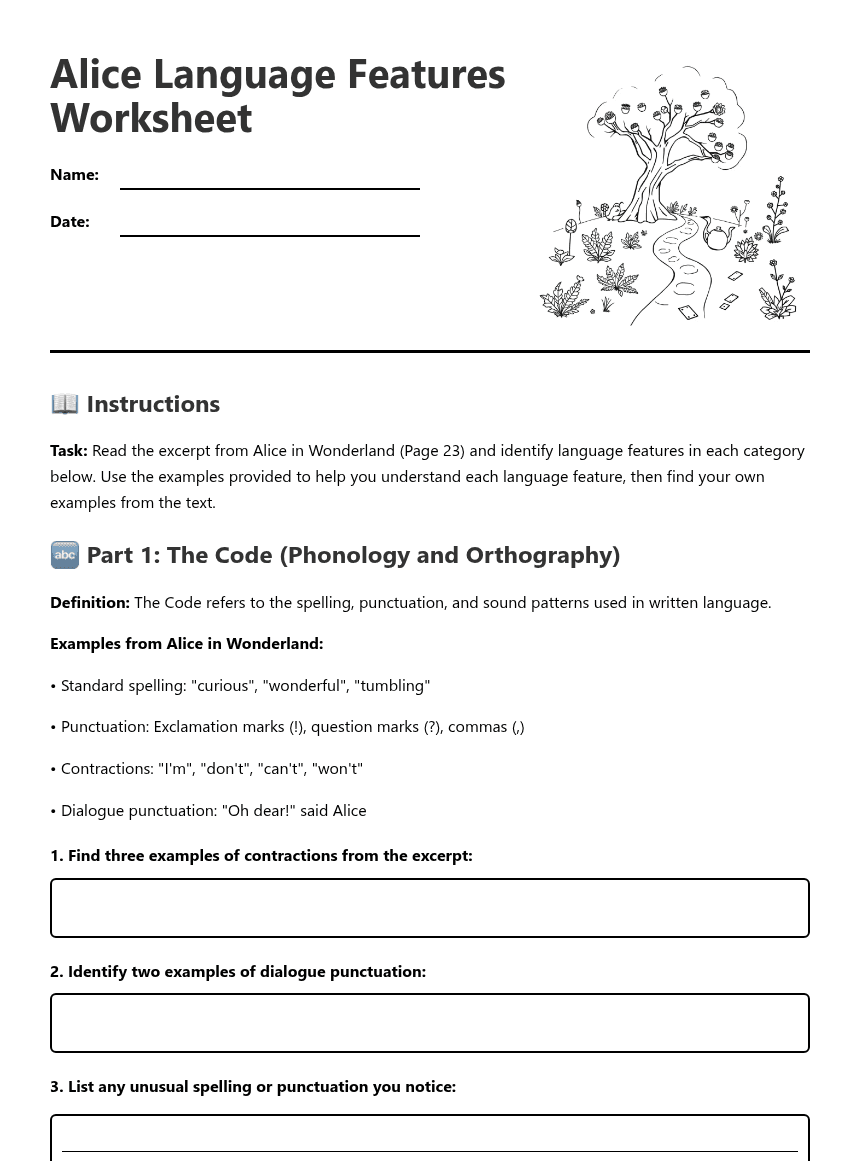 Alice Language Features Worksheet worksheet preview