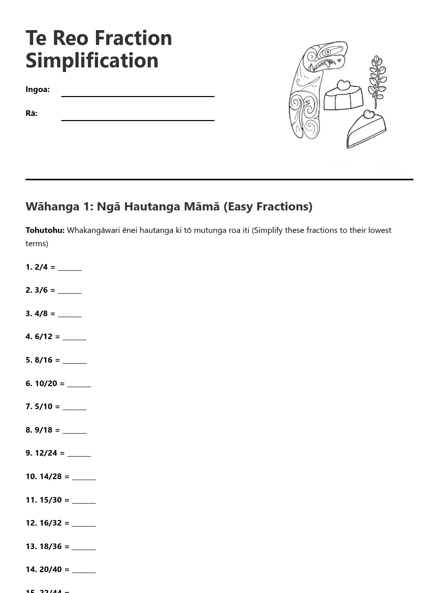 Te Reo Fraction Simplification worksheet preview