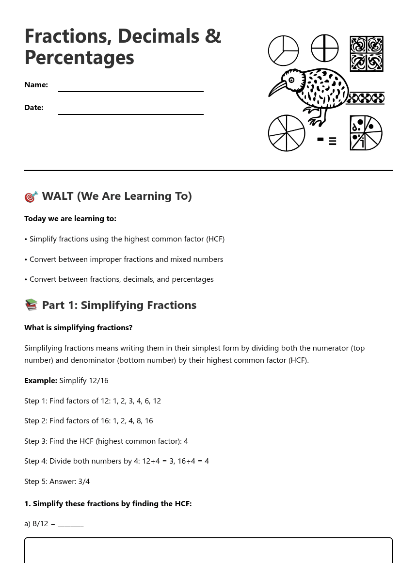 Fractions, Decimals & Percentages worksheet preview