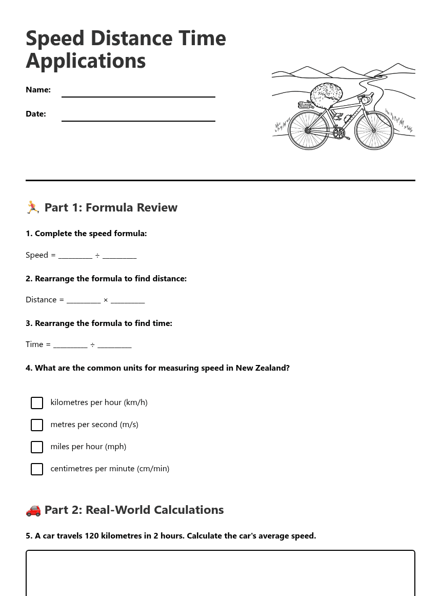 Speed Distance Time Applications worksheet preview