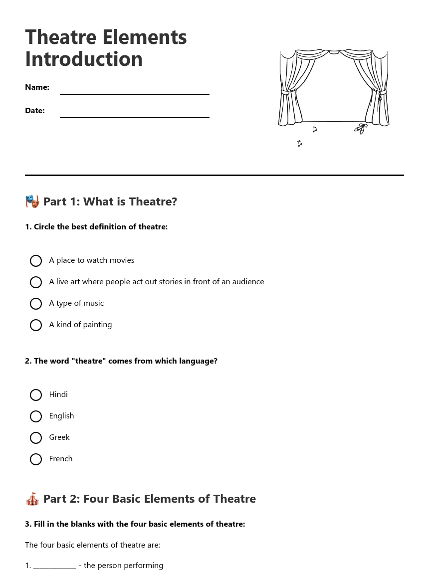 Theatre Elements Introduction worksheet preview
