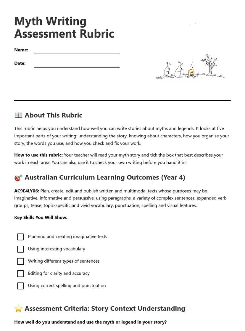 Myth Writing Assessment Rubric