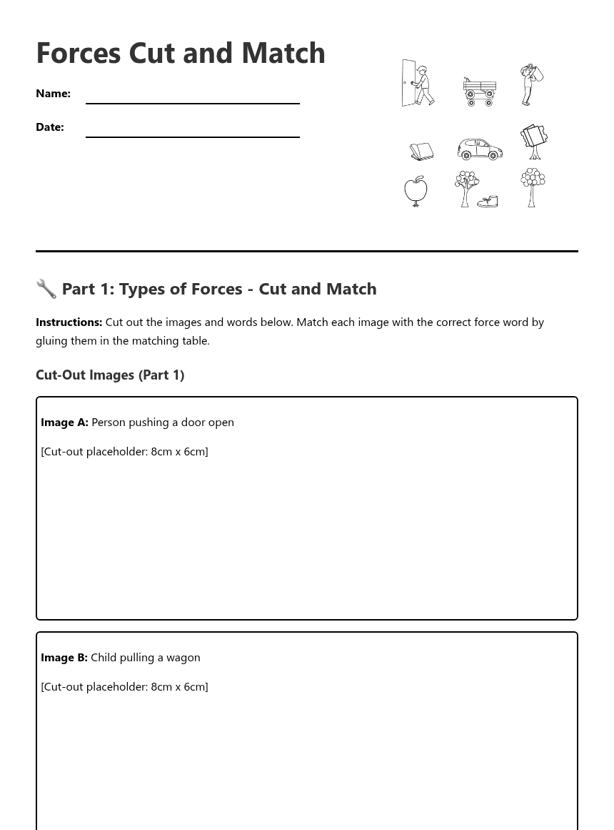 Forces Cut and Match worksheet preview