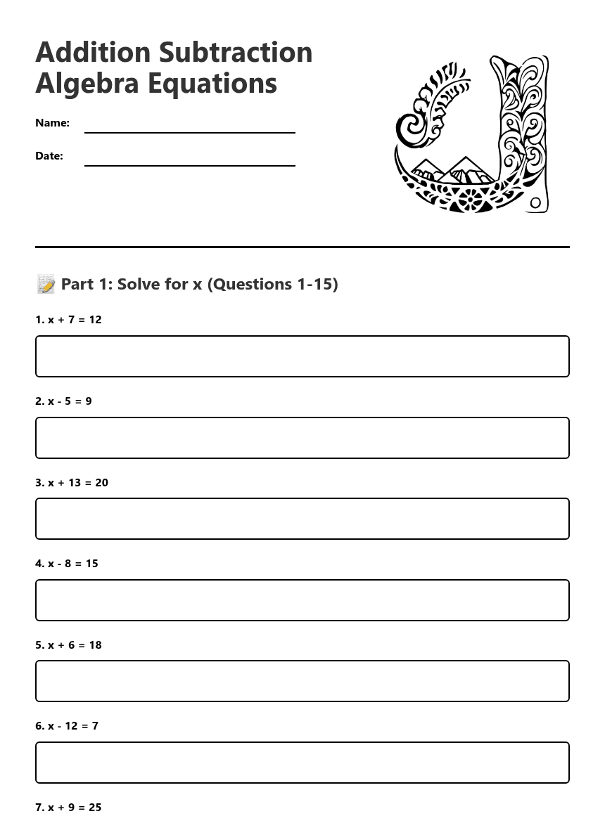 Addition Subtraction Algebra Equations worksheet preview