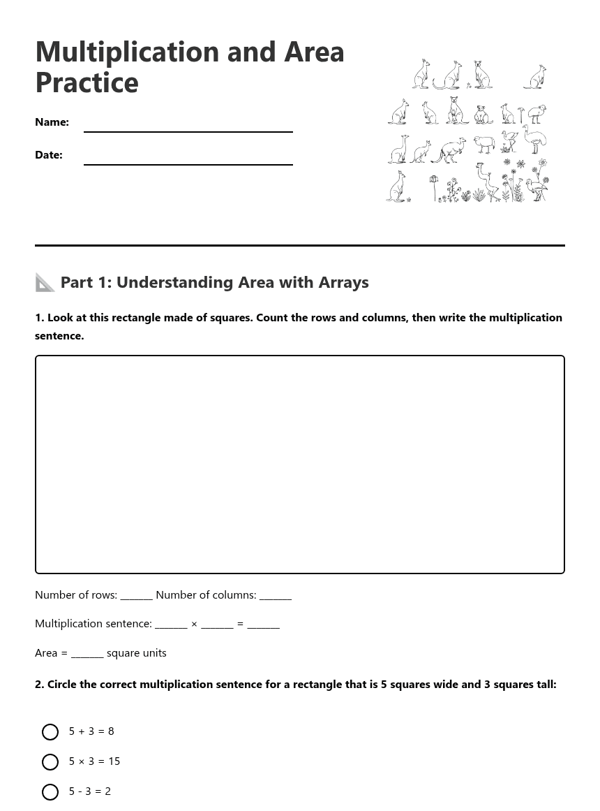 Multiplication and Area Practice worksheet preview
