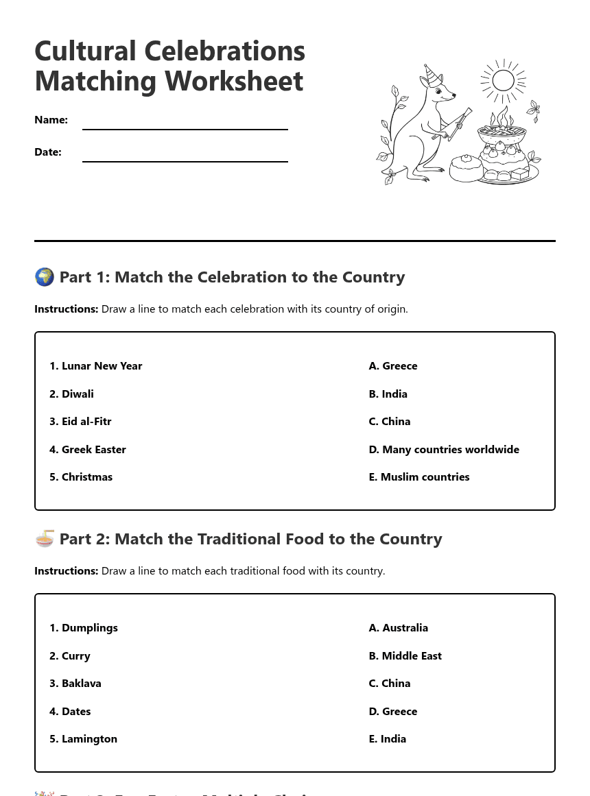 Cultural Celebrations Matching Worksheet worksheet preview