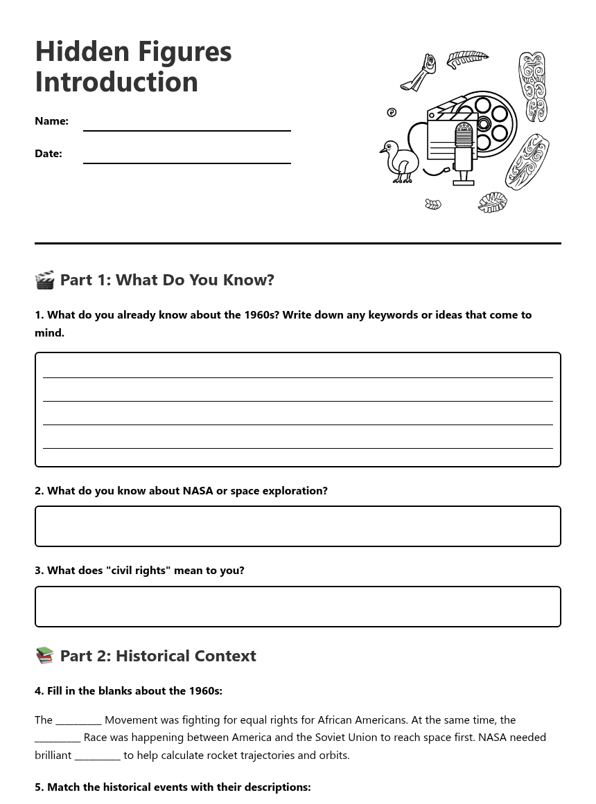 Hidden Figures Introduction worksheet preview