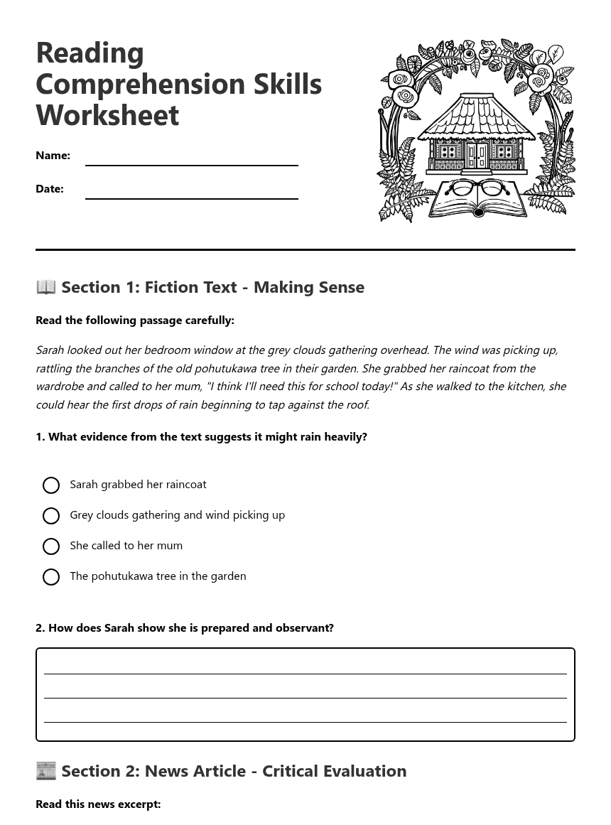 Reading Comprehension Skills Worksheet worksheet preview