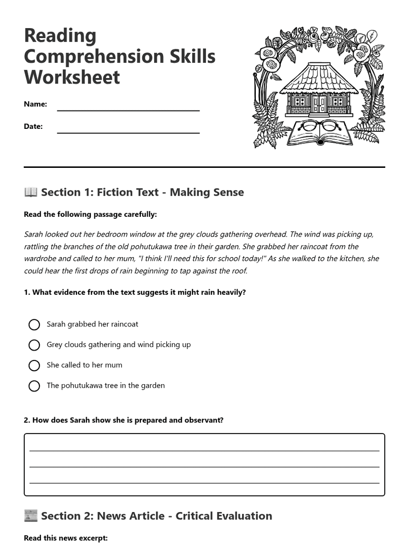 Reading Comprehension Skills Worksheet