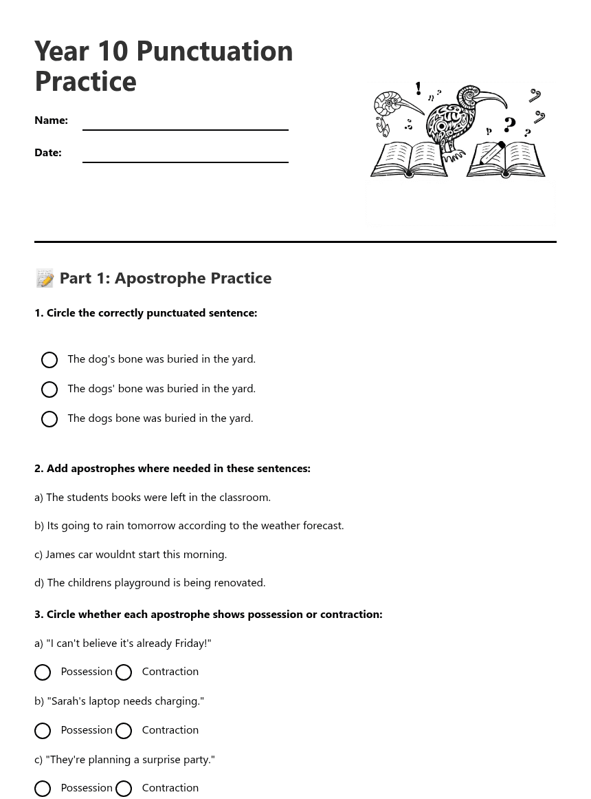 Year 10 Punctuation Practice worksheet preview