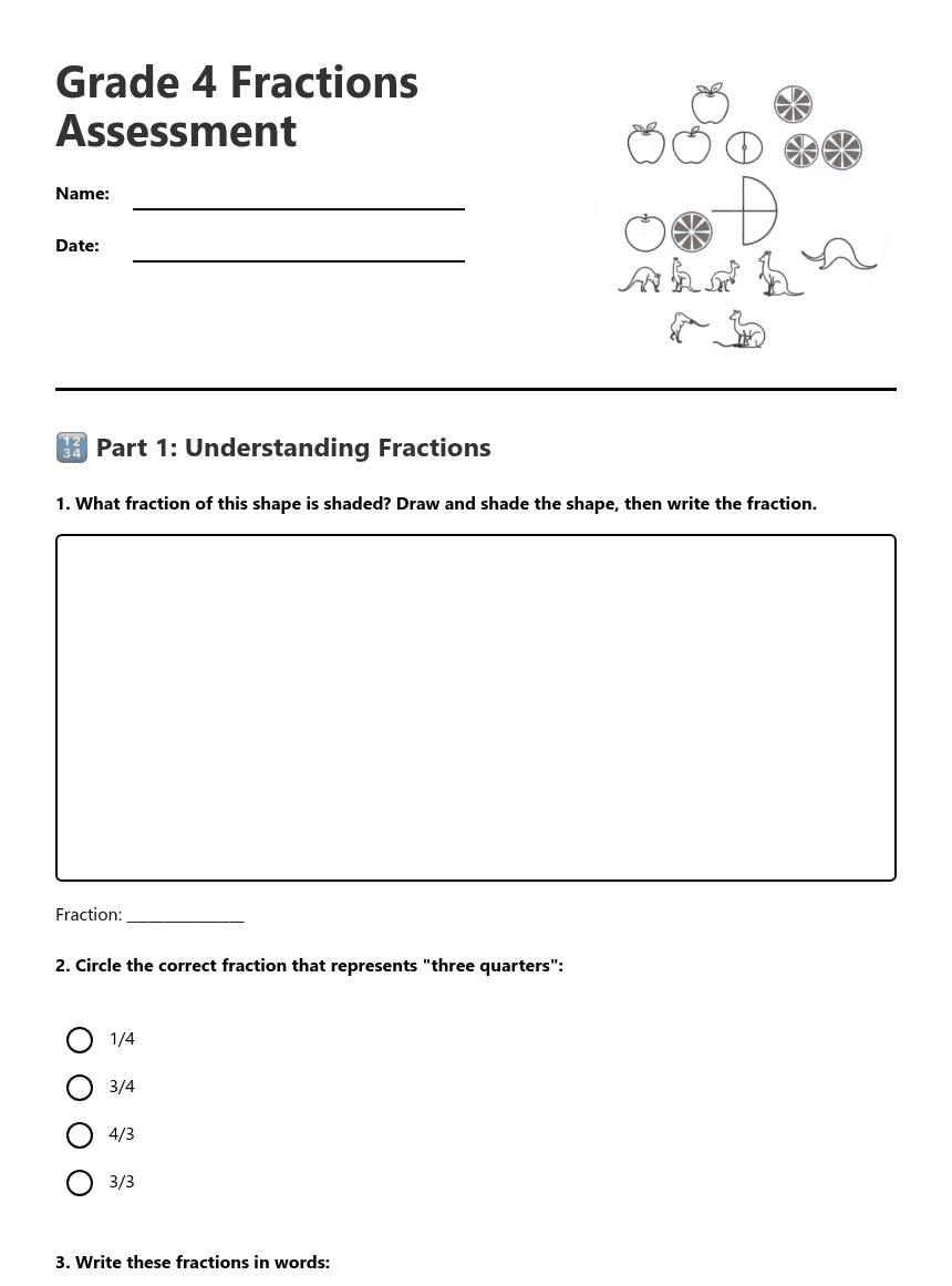 Grade 4 Fractions Assessment worksheet preview