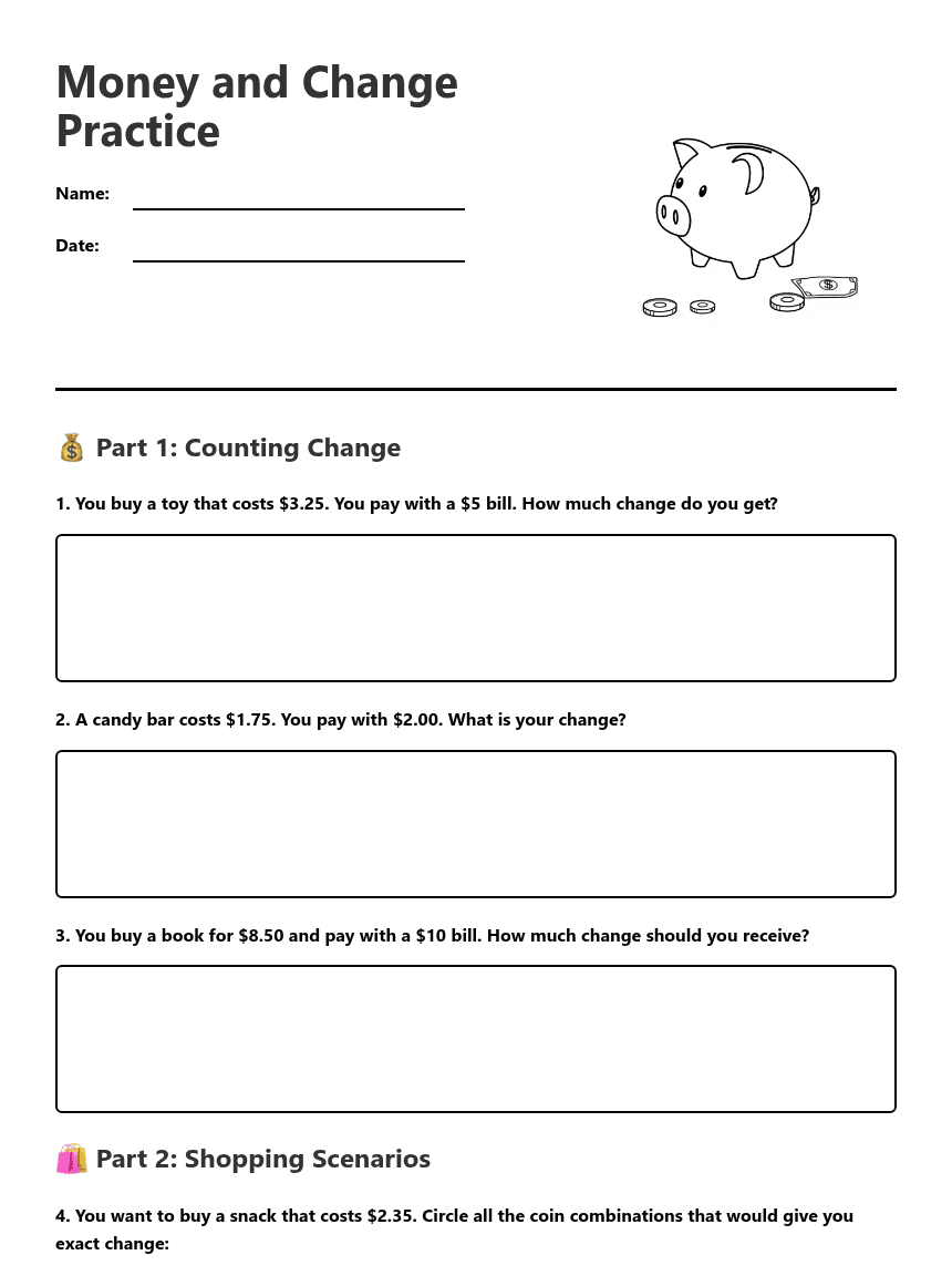 Money and Change Practice worksheet preview