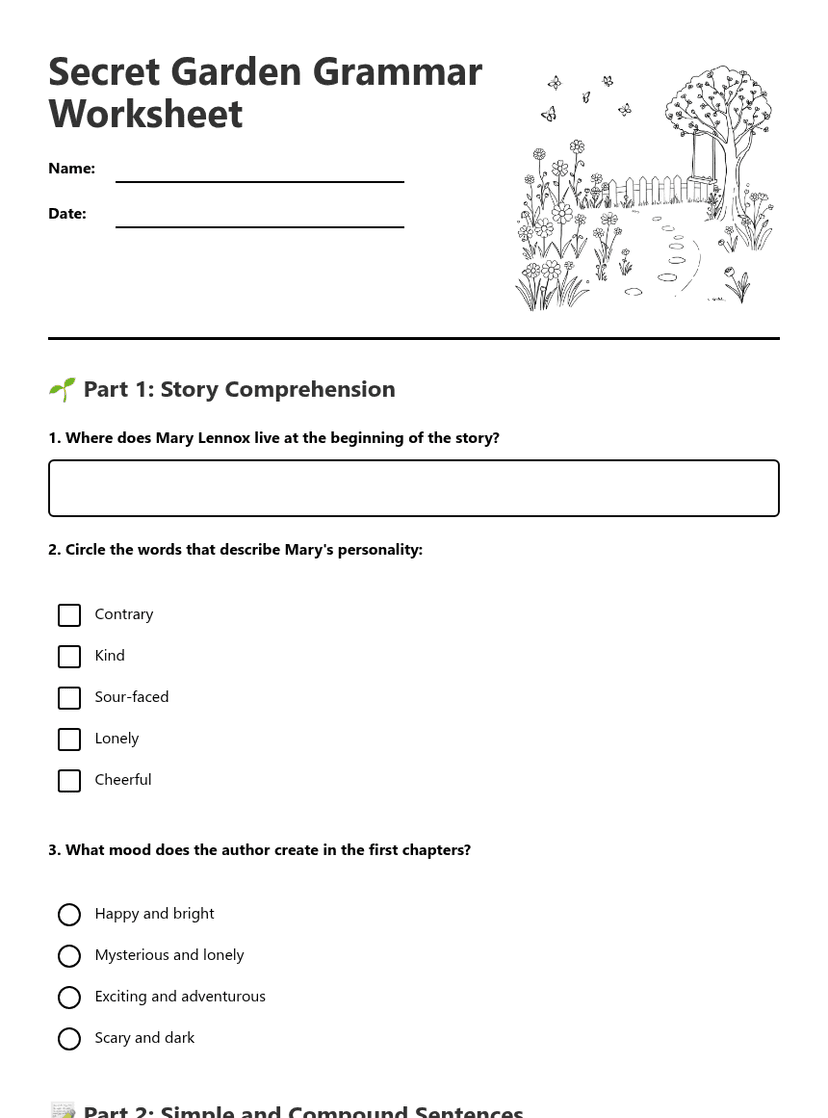 Secret Garden Grammar Worksheet