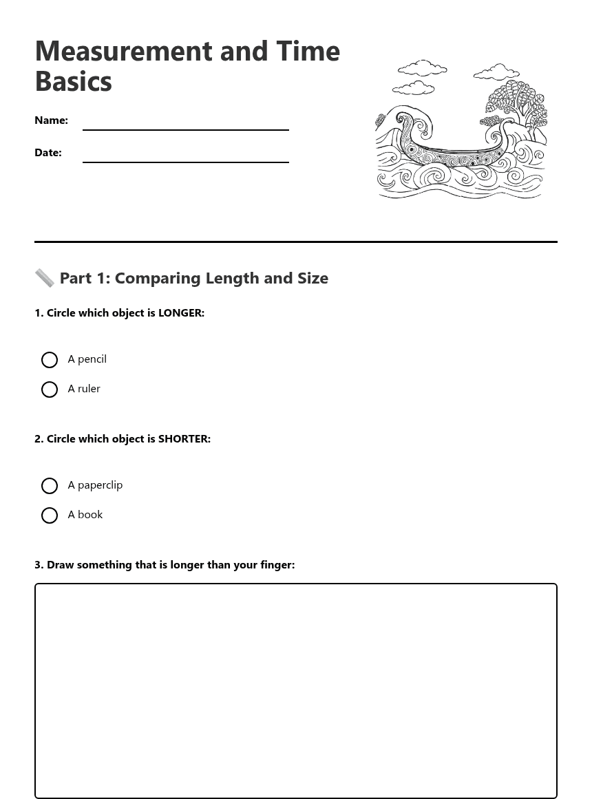 Measurement and Time Basics worksheet preview