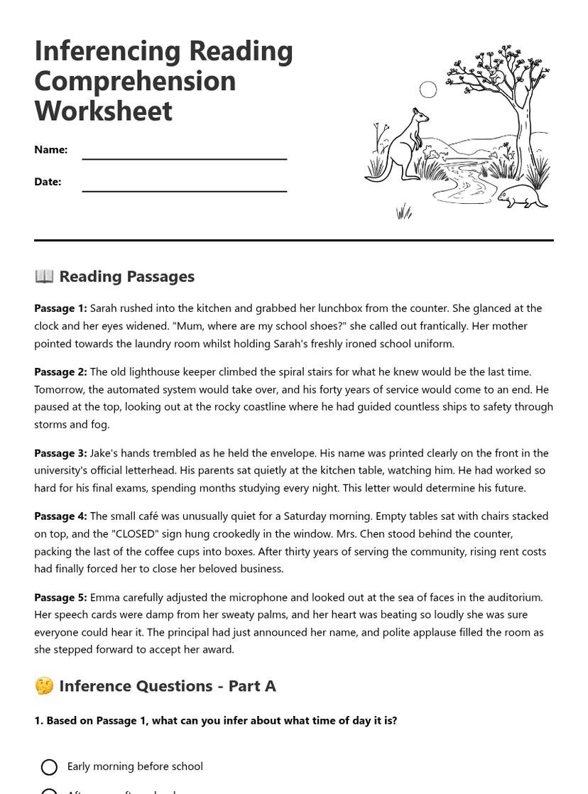 Inferencing Reading Comprehension Worksheet