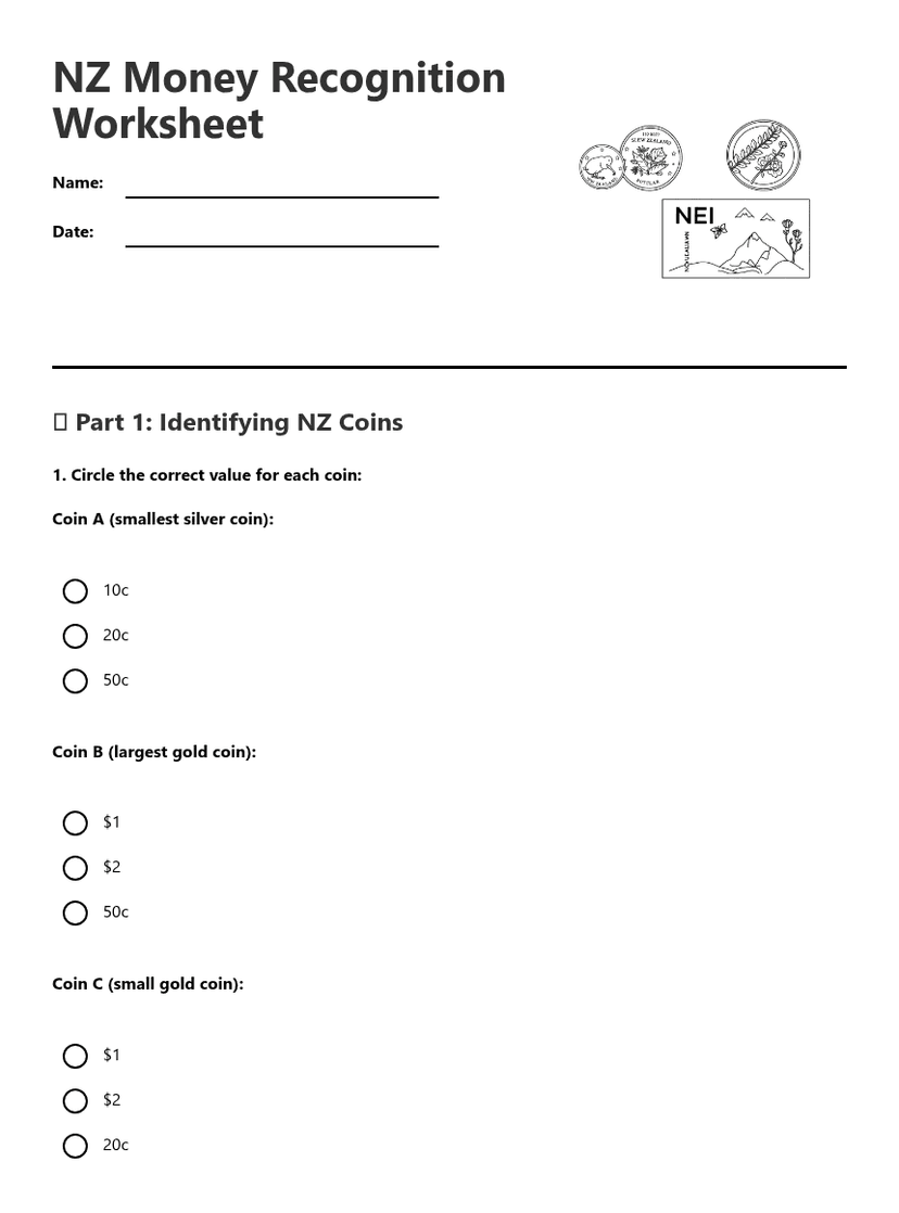 NZ Money Recognition Worksheet