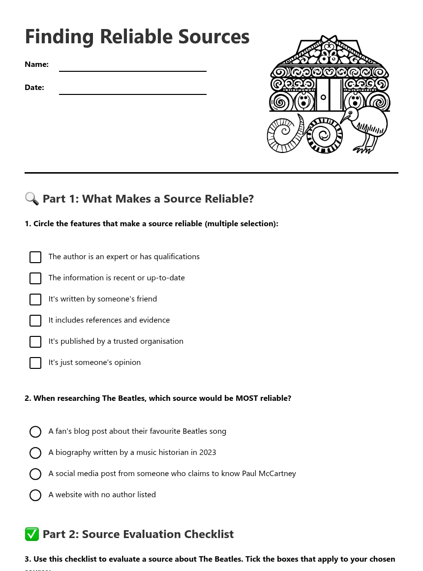 Finding Reliable Sources worksheet preview