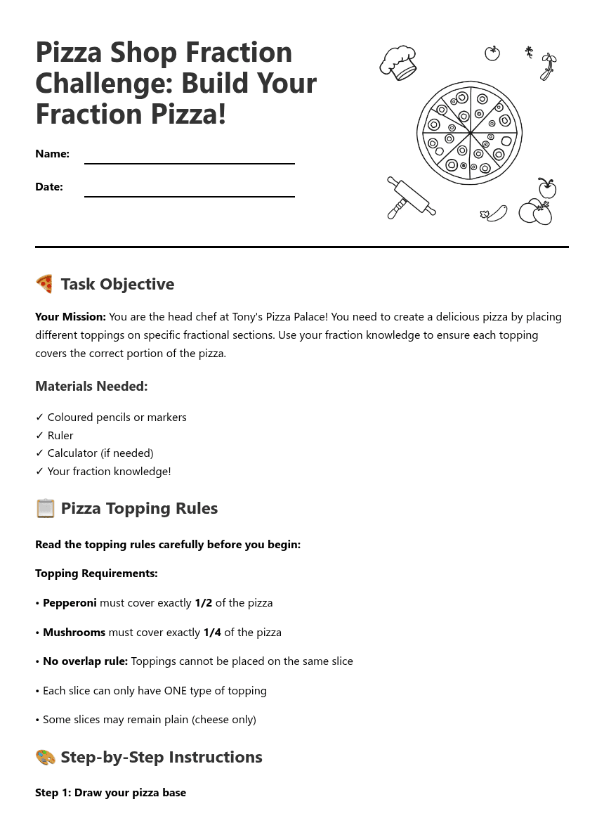 Pizza Fraction Challenge worksheet preview