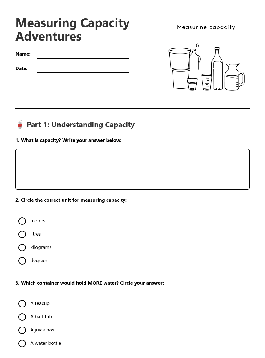Measuring Capacity Adventures worksheet preview