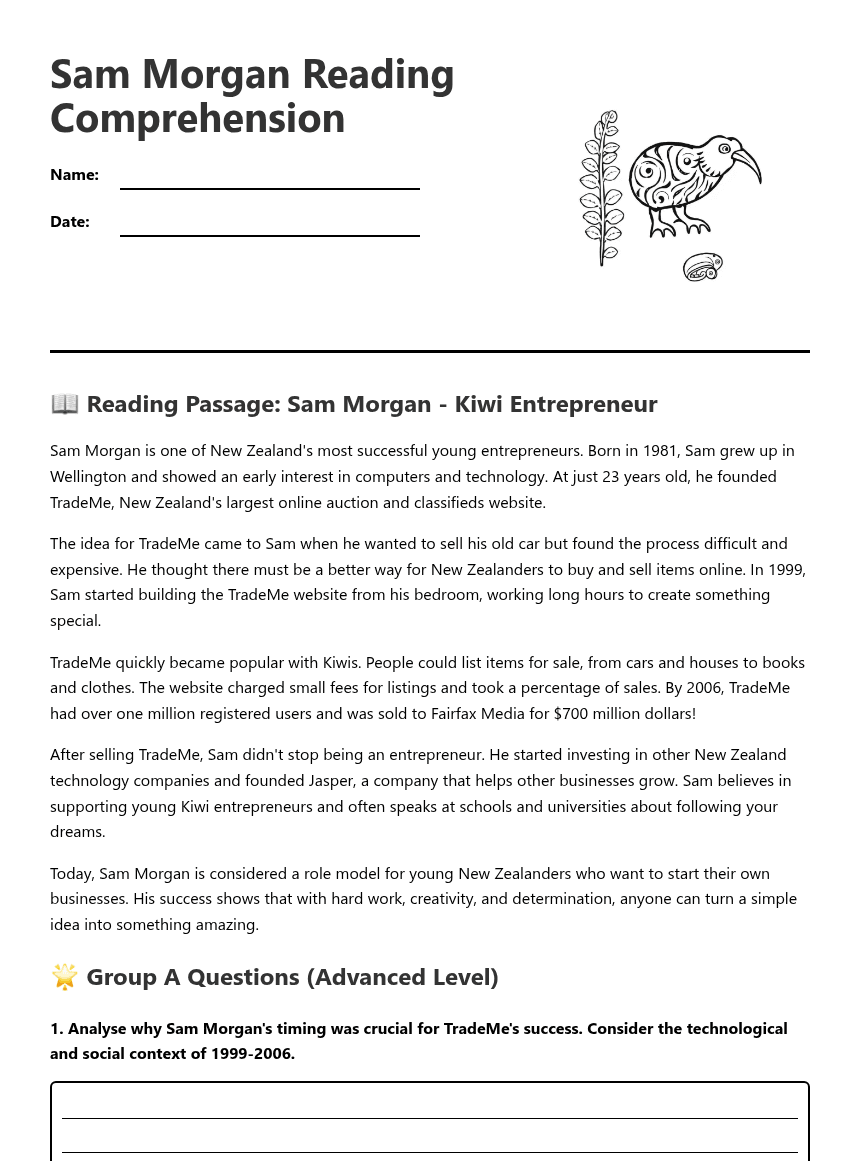 Sam Morgan Reading Comprehension worksheet preview