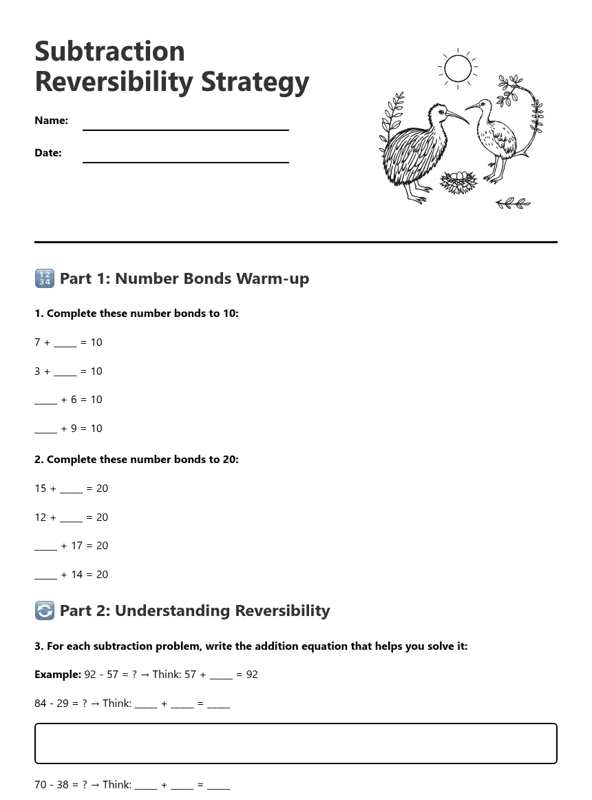 Subtraction Reversibility Strategy worksheet preview