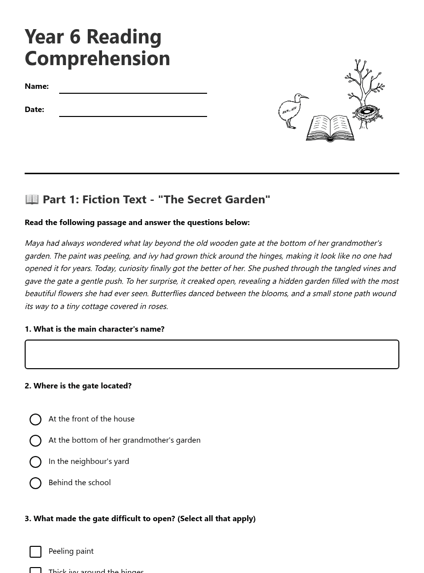 Year 6 Reading Comprehension worksheet preview