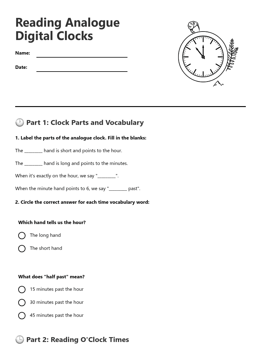 Reading Analogue Digital Clocks worksheet preview