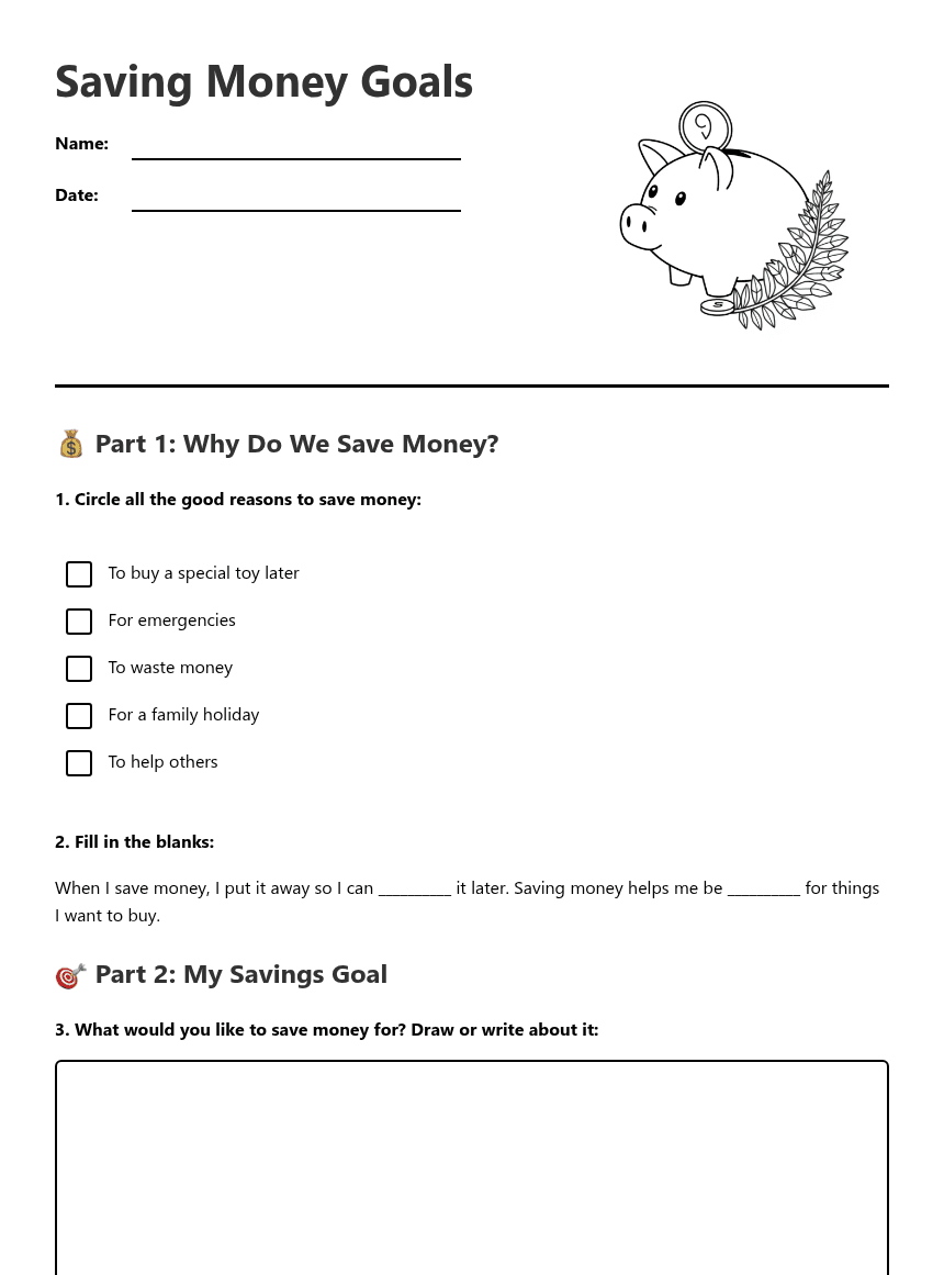 Saving Money Goals worksheet preview