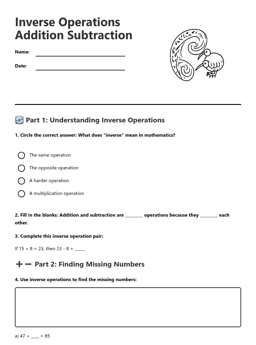 Inverse Operations Addition Subtraction worksheet preview