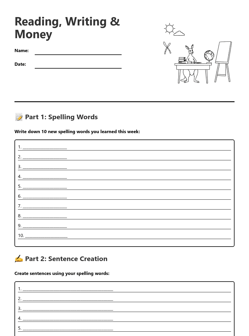 Reading, Writing & Money worksheet preview