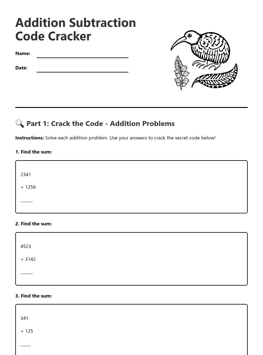 Addition Subtraction Code Cracker worksheet preview