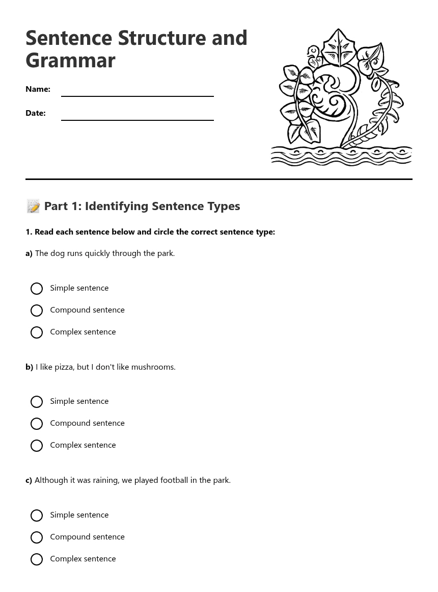 Sentence Structure and Grammar worksheet preview