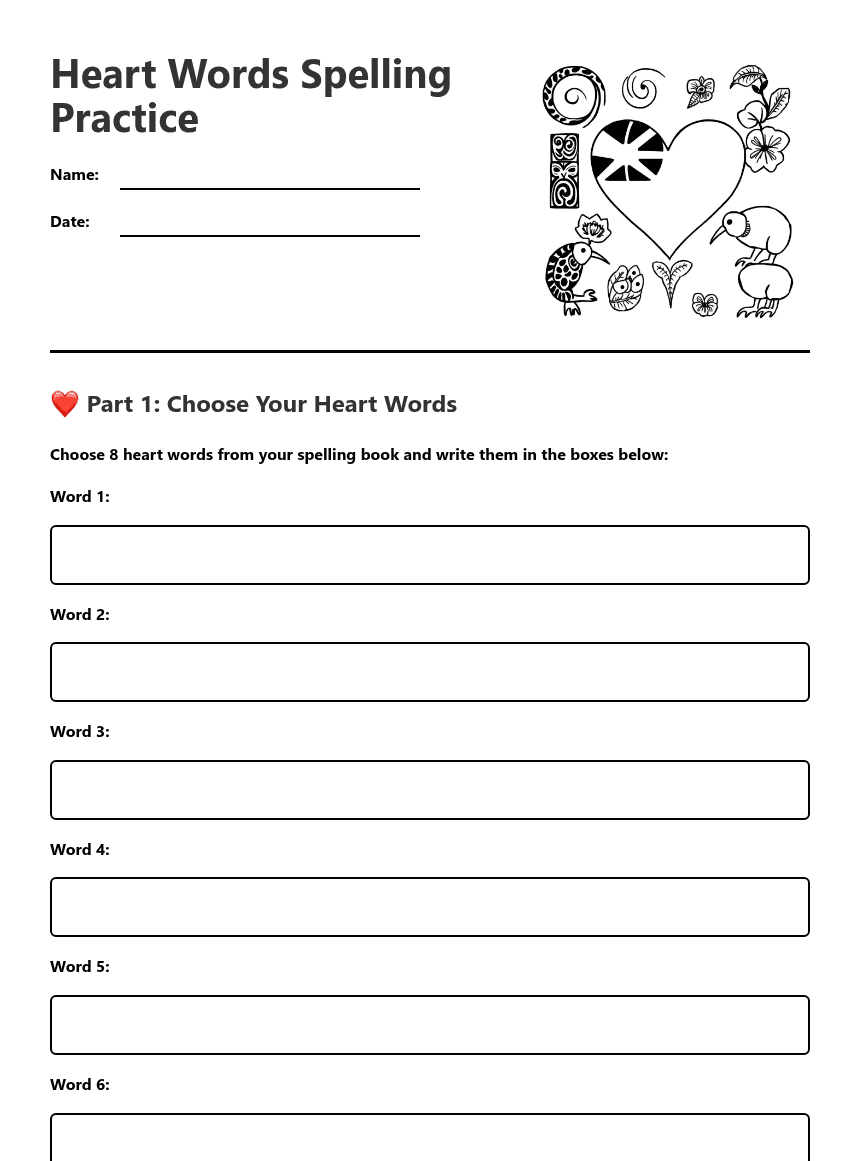 Heart Words Spelling Practice worksheet preview