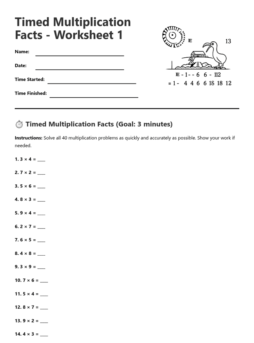 Timed Multiplication Facts Worksheets