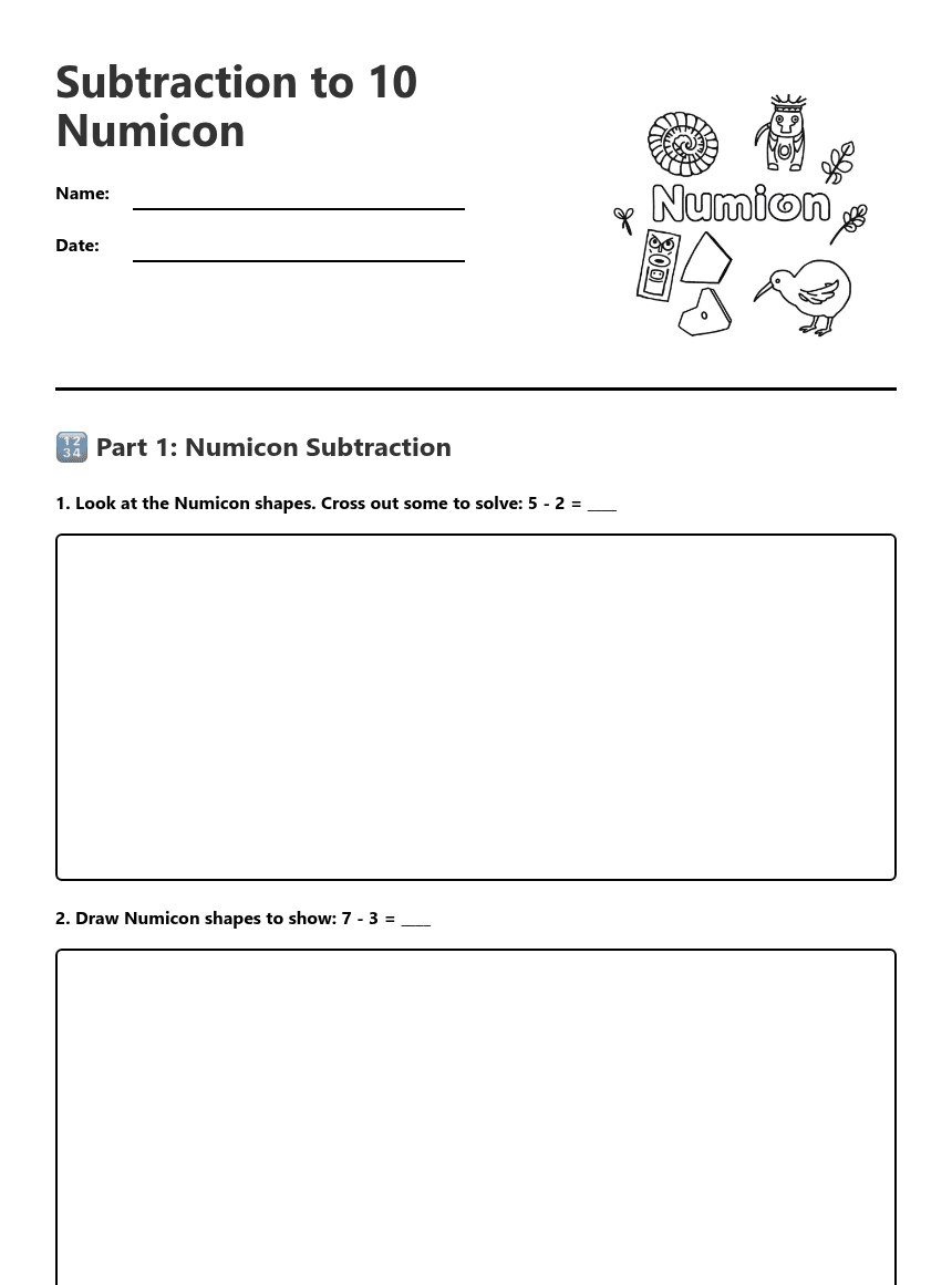 Subtraction to 10 Numicon worksheet preview